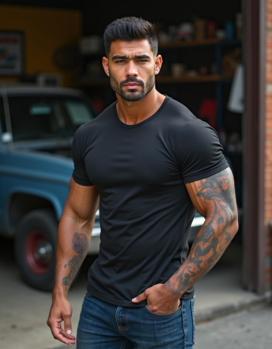 Photograph of a ruggedly handsome man, camera at eye level, half-Black half-Caucasian, 36 years old, masculine, tall, very muscular, fit, lean, with chiseled features, strong square jaw, high cheekbones, short black hair, light brown eyes, and full lips