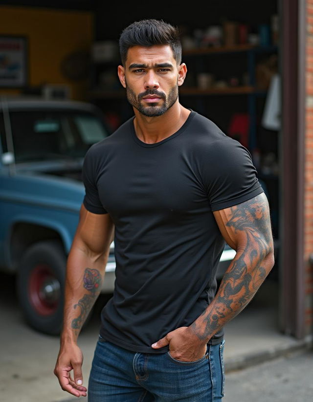 Photograph of a ruggedly handsome man, camera at eye level, half-Black half-Caucasian, 36 years old, masculine, tall, very muscular, fit, lean, with chiseled features, strong square jaw, high cheekbones, short black hair, light brown eyes, and full lips