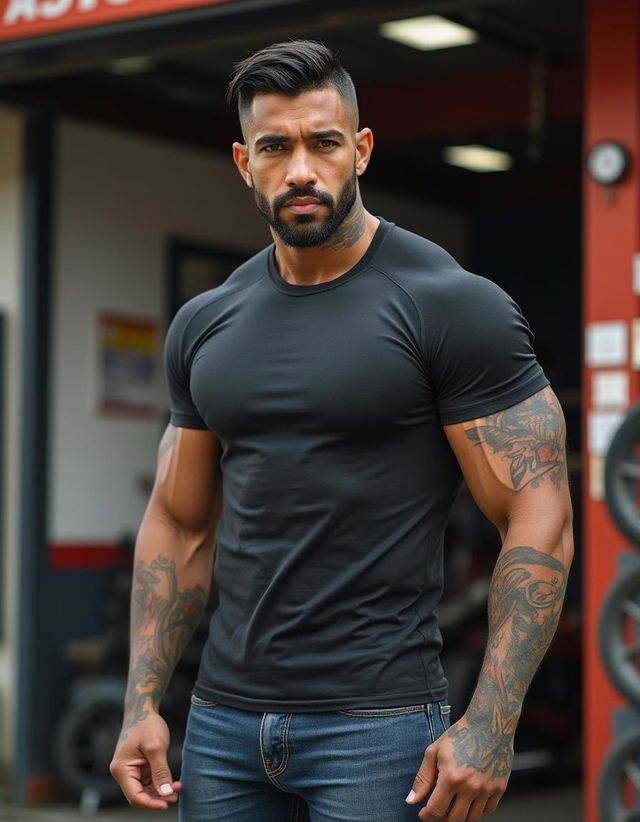 Photograph of a ruggedly handsome man, camera at eye level, light-skinned Black man, 36 years old, masculine, tall, very muscular, fit, lean, with chiseled features, strong square jaw, high cheekbones, short black hair, light brown eyes, and full lips