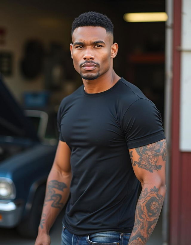 Photograph of a ruggedly handsome, light-skinned Black man, camera at eye level, 36 years old with a masculine, tall, very muscular, fit, and lean physique