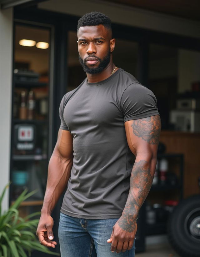 Photograph of a ruggedly handsome, light-skinned Black man, camera at eye level, 36 years old, masculine, tall, very muscular, fit, and lean