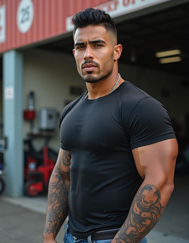 Photograph of a handsome man, camera at eye level, light-skinned Black, 36 years old, masculine, tall, very muscular, fit, and lean, with chiseled features, strong square jaw, and high cheekbones