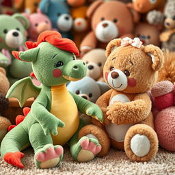 a whimsical and imaginative scene featuring a female dragon plush and a female bear plush interacting in a playful and non-explicit manner