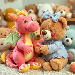 a whimsical and imaginative scene featuring a female dragon plush and a female bear plush interacting in a playful and non-explicit manner