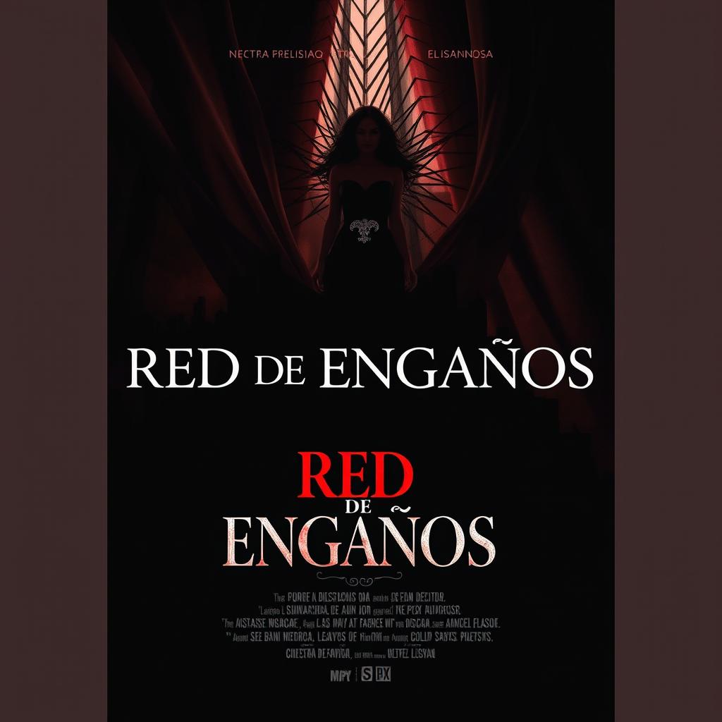 A captivating and dramatic movie poster titled "RED DE ENGAÑOS", featuring a web of intricate deceptions