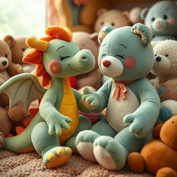 a whimsical and imaginative scene featuring a female dragon plush and a female bear plush interacting in a playful and non-explicit manner