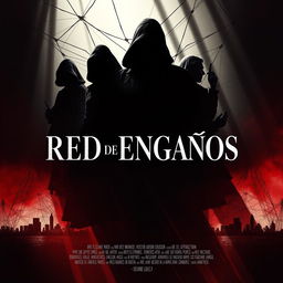 A captivating and dramatic movie poster titled "RED DE ENGAÑOS", featuring a web of intricate deceptions