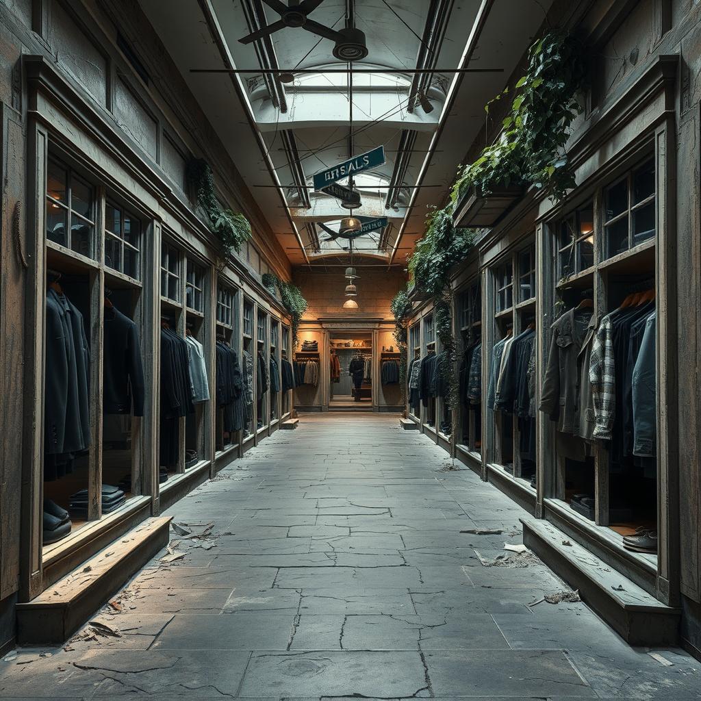 A men's clothing store designed in a post-apocalyptic style