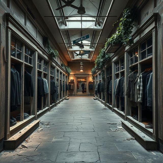 A men's clothing store designed in a post-apocalyptic style