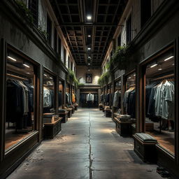 A men's clothing store designed in a post-apocalyptic style