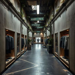 A men's clothing store designed in a post-apocalyptic style