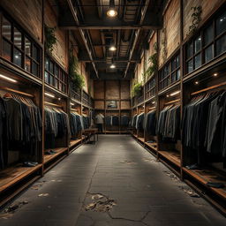 A men's clothing store designed in a post-apocalyptic style