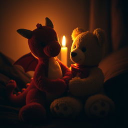 a dimly lit room with a warm, flickering candle casting a gentle glow over two female plush teddies, one a dragon and the other a bear