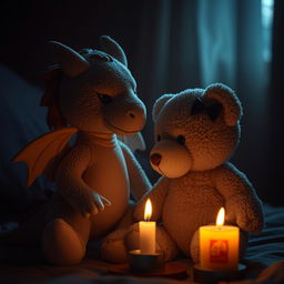 a dimly lit room with a warm, flickering candle casting a gentle glow over two female plush teddies, one a dragon and the other a bear