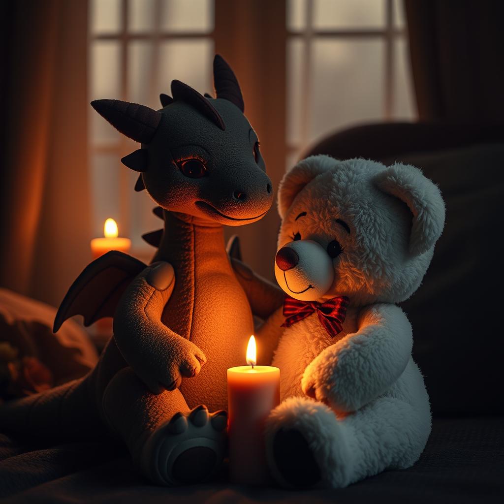 a dimly lit room with a warm, flickering candle casting a gentle glow over two female plush teddies, one a dragon and the other a bear