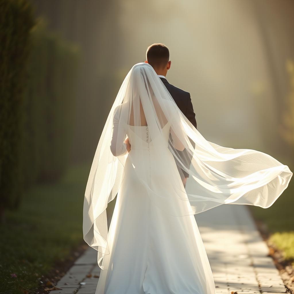 a bride wearing a hijab and an elegant white wedding dress follows a young, thin, and tall brown-skinned man