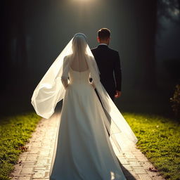 a bride wearing a hijab and an elegant white wedding dress follows a young, thin, and tall brown-skinned man