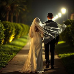 a bride wearing a hijab and an elegant white wedding dress follows a young, thin, and tall brown-skinned man