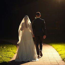 a bride wearing a hijab and an elegant white wedding dress follows a young, thin, and tall brown-skinned man