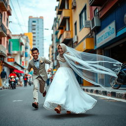 a Muslim bride wearing a flowing hijab and elegant wedding dress playfully chasing a brown, thin, and tall young man down a lively street