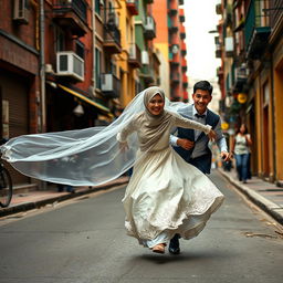 a Muslim bride wearing a flowing hijab and elegant wedding dress playfully chasing a brown, thin, and tall young man down a lively street