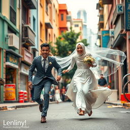 a Muslim bride wearing a flowing hijab and elegant wedding dress playfully chasing a brown, thin, and tall young man down a lively street