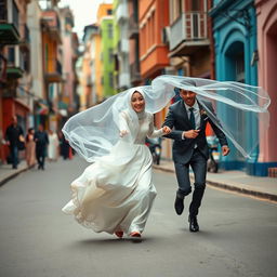 a Muslim bride wearing a flowing hijab and elegant wedding dress playfully chasing a brown, thin, and tall young man down a lively street