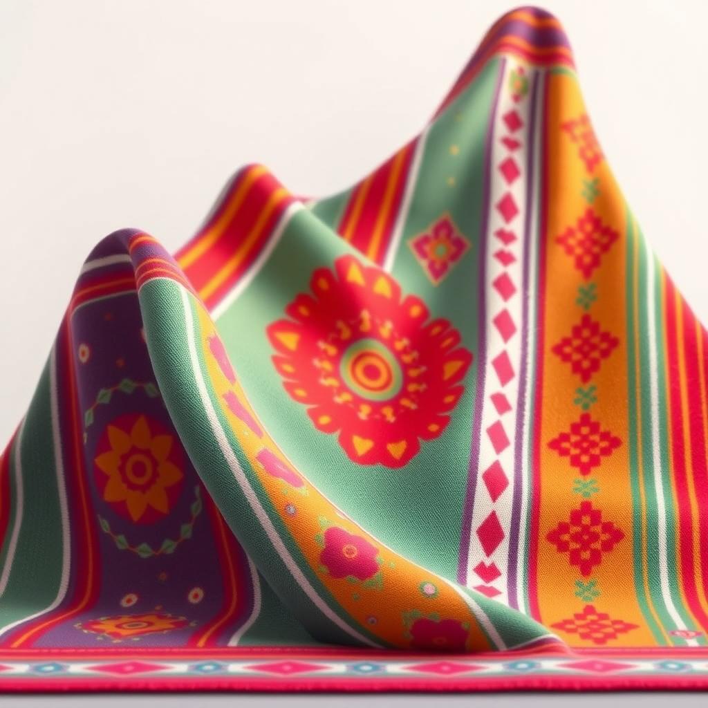 A minimalist 3D animated depiction of traditional Guatemalan fabric with Disney influences