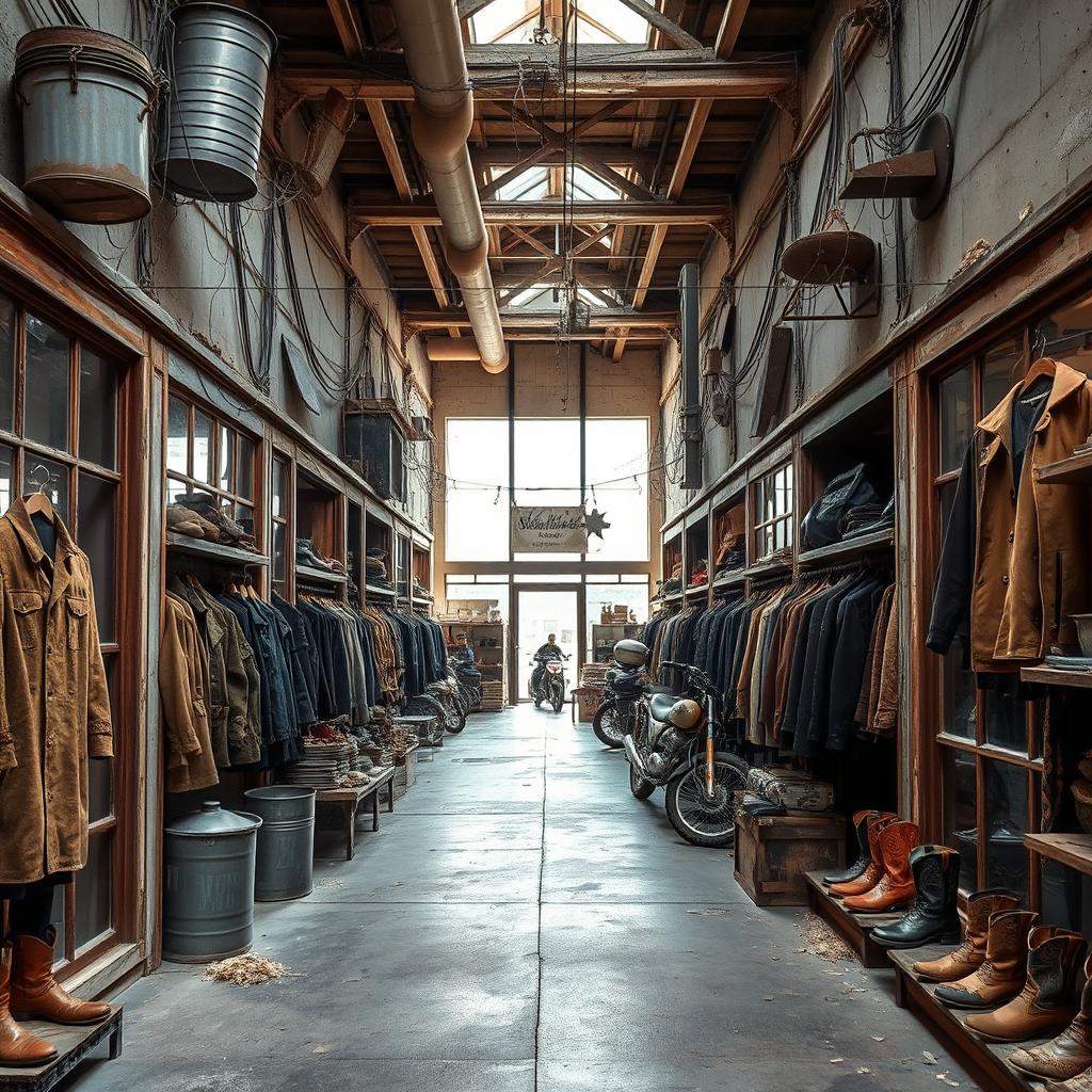 A men's clothing store designed in a post-apocalyptic style