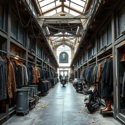 A men's clothing store designed in a post-apocalyptic style