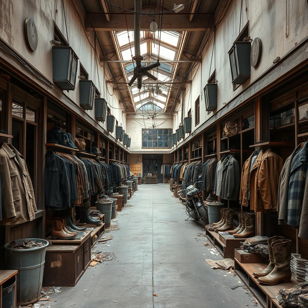 A men's clothing store designed in a post-apocalyptic style