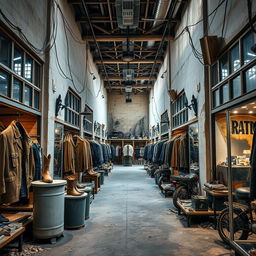 A men's clothing store designed in a post-apocalyptic style