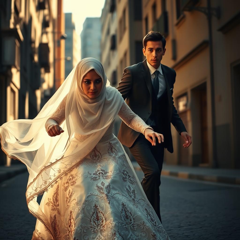 a veiled Muslim bride wearing an intricately designed wedding dress, in a compelling scene of drama and pursuit, as she chases after a young, brown, thin, and tall man