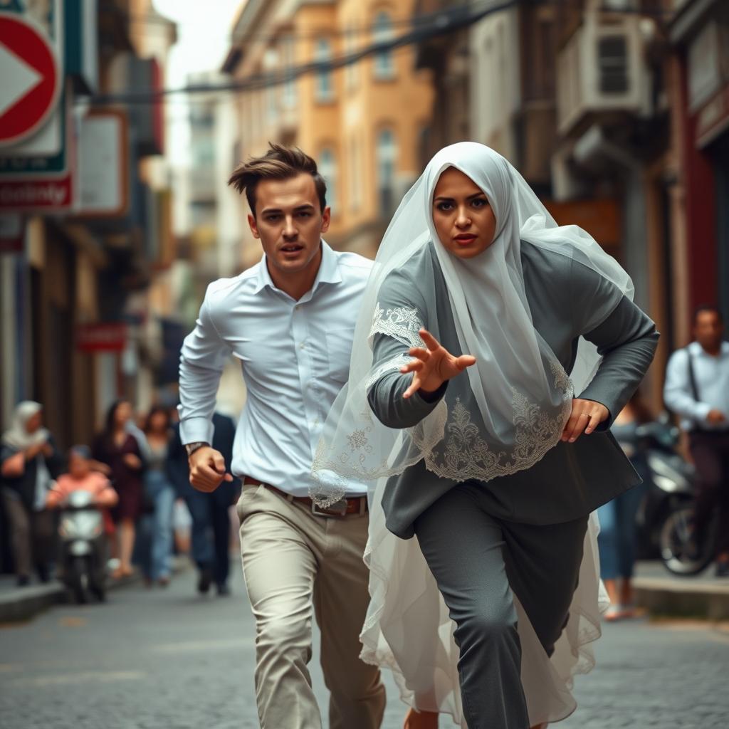 a tall young man with fair skin runs with determination down a lively urban street, creating distance between himself and a veiled Muslim bride in pursuit