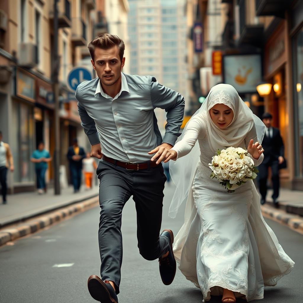 a tall young man with fair skin runs with determination down a lively urban street, creating distance between himself and a veiled Muslim bride in pursuit