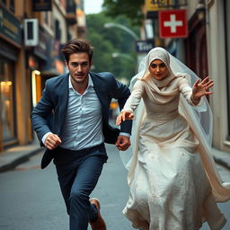 a tall young man with fair skin runs with determination down a lively urban street, creating distance between himself and a veiled Muslim bride in pursuit