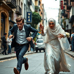 a tall young man with fair skin runs with determination down a lively urban street, creating distance between himself and a veiled Muslim bride in pursuit