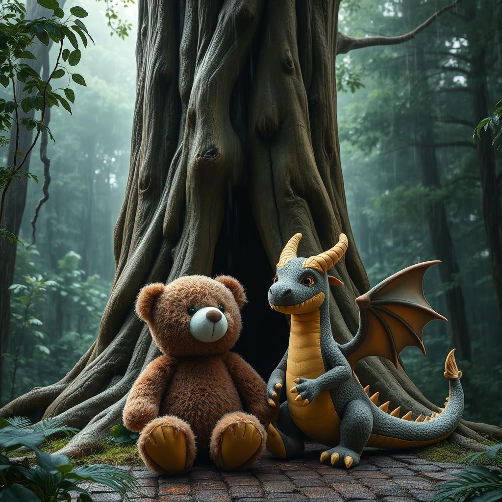 in a magical and mystical raining forest, a female bear plush and a female dragon plush are depicted together near a towering, ancient tree with a large natural hollow