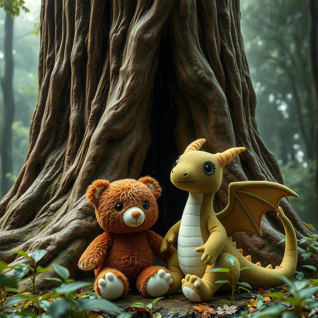 in a magical and mystical raining forest, a female bear plush and a female dragon plush are depicted together near a towering, ancient tree with a large natural hollow