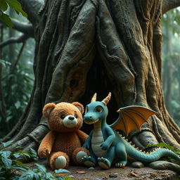 in a magical and mystical raining forest, a female bear plush and a female dragon plush are depicted together near a towering, ancient tree with a large natural hollow