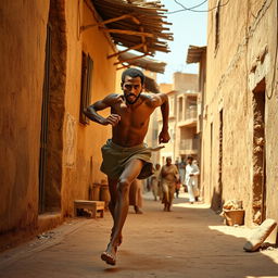 a brown-skinned, thin and tall man sprinting swiftly through the narrow, sun-drenched streets of a traditional Egyptian village