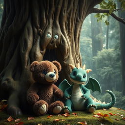 in a magical and mystical raining forest, a female bear plush and a female dragon plush are depicted together near a towering, ancient tree with a large natural hollow