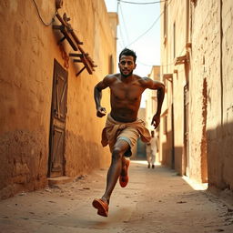 a brown-skinned, thin and tall man sprinting swiftly through the narrow, sun-drenched streets of a traditional Egyptian village