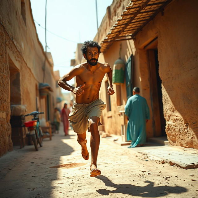 a brown-skinned, thin and tall man sprinting swiftly through the narrow, sun-drenched streets of a traditional Egyptian village