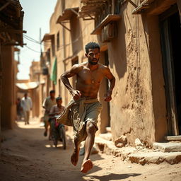 a brown-skinned, thin and tall man sprinting swiftly through the narrow, sun-drenched streets of a traditional Egyptian village