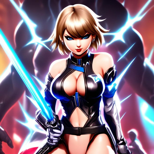 Anime-style Taylor Swift as a Tekken character with spiky hair streaked with blue highlights, dressed in a futuristic combat suit and holding an energy sword against a Tekken fighting stage background.