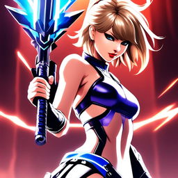 Anime-style Taylor Swift as a Tekken character with spiky hair streaked with blue highlights, dressed in a futuristic combat suit and holding an energy sword against a Tekken fighting stage background.