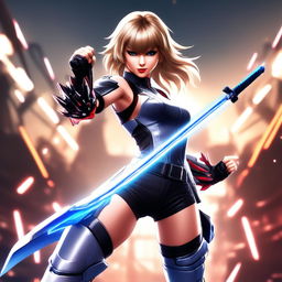 Anime-style Taylor Swift as a Tekken character with spiky hair streaked with blue highlights, dressed in a futuristic combat suit and holding an energy sword against a Tekken fighting stage background.