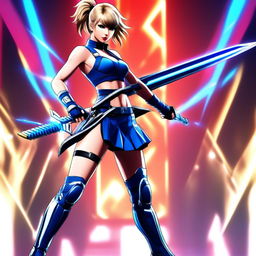 Anime-style Taylor Swift as a Tekken character with spiky hair streaked with blue highlights, dressed in a futuristic combat suit and holding an energy sword against a Tekken fighting stage background.