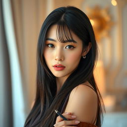 A stunning Asian woman with an alluring gaze, delicate features, and long black hair cascading over her shoulders